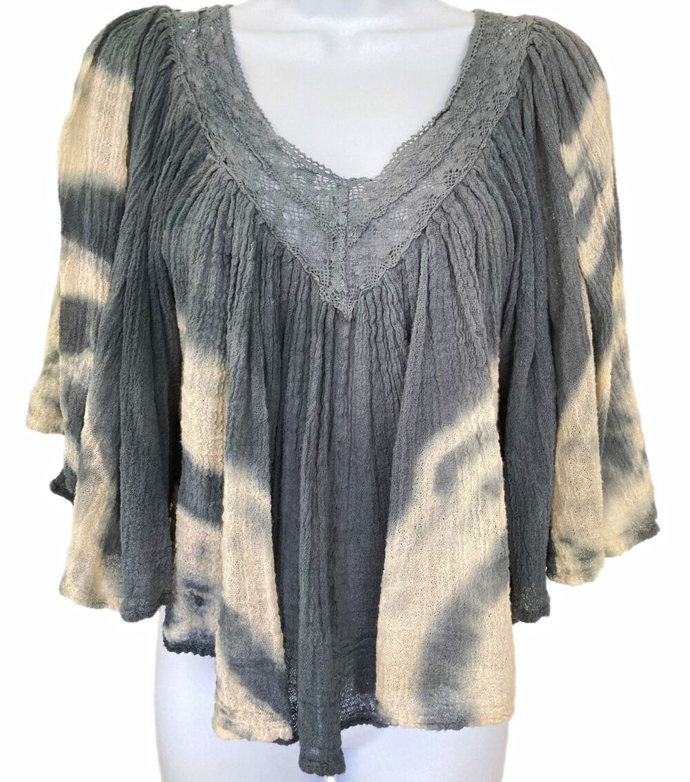 Jen's Pirate Booty boho gauze Tie-Dye V-Neck Lace Trim Blouse 3/4 Flare Sleeve